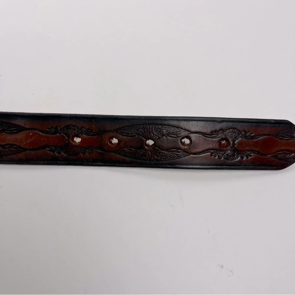 Brown tooled leather belt, unisex, approximately 34” see measurements in photos.